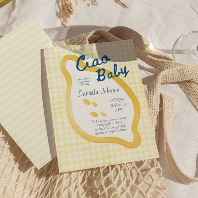 Lemon Gingham Ciao Baby Shower Invitation (Whimsical Ciao Baby Lemon Baby Shower Invite)