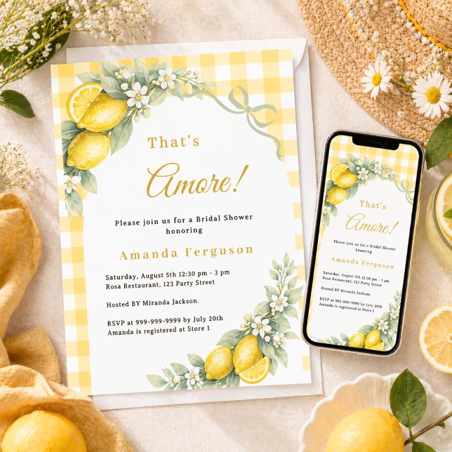 Lemon gingham italian amore bow Bridal Shower Invitation (Creator Uploaded)