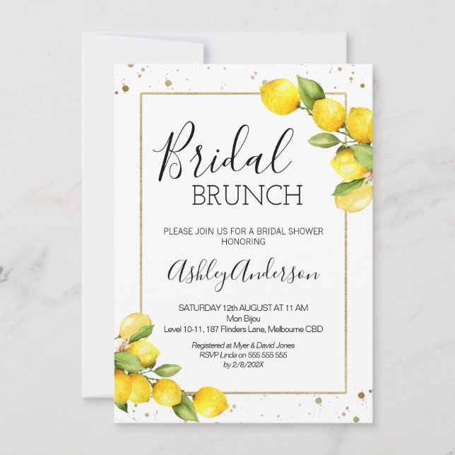 Lemon Gold Frame Bridal Brunch Bridal Shower Invitation (Front)