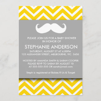 Lemon gold grey chevron moustache baby boy shower invitation