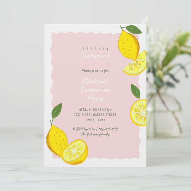 Lemon Graduation Party Pink Citrus Invitation (Standing Front)