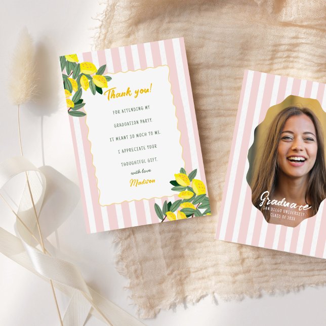 Lemon Graduation Thank You Card Pink Stripe Citrus (Lemon Graduation Thank You Card Pink Stripe Citrus)