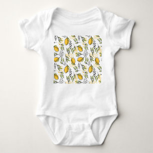 Lemon, green branches: abstract pattern. baby bodysuit