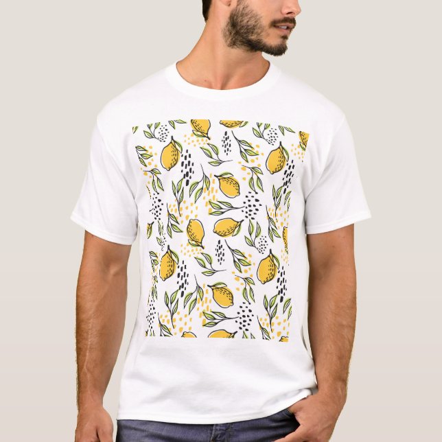 Lemon, green branches: abstract pattern. T-Shirt (Front)