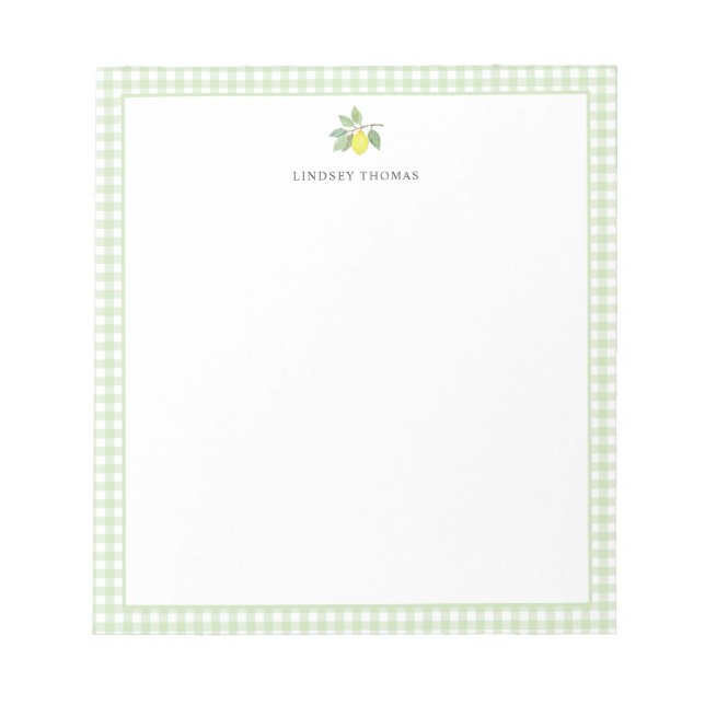 Lemon Green Gingham Border Personalised Notepad (Front)