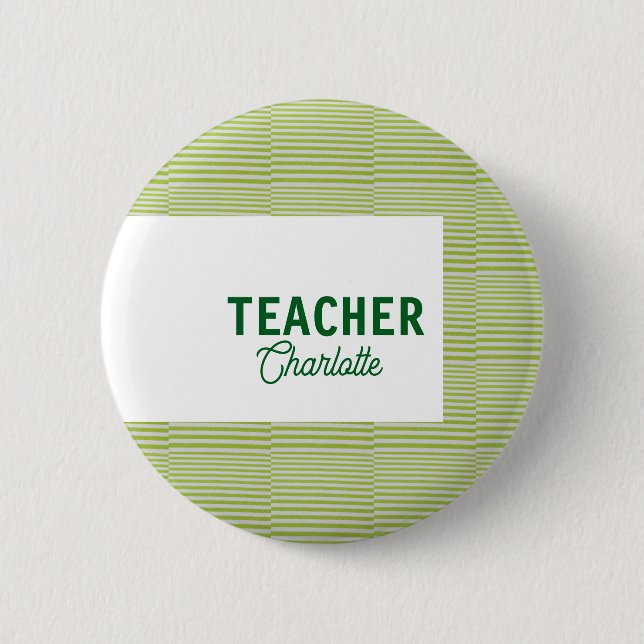Lemon green white stripes teacher professor name c 6 cm round badge (Front)