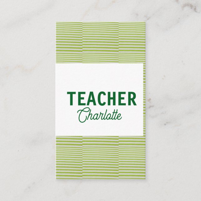 Lemon green white stripes teacher professor name c business card (Front)