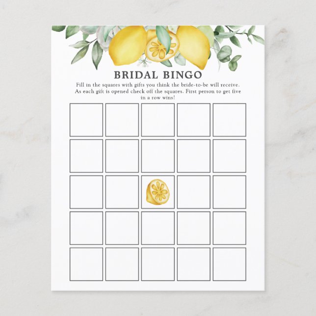 Lemon Greenery Citrus Bridal Shower Bingo Game (Front)