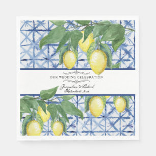 Lemon Greenery Floral Blue White Elegant Wedding Napkin