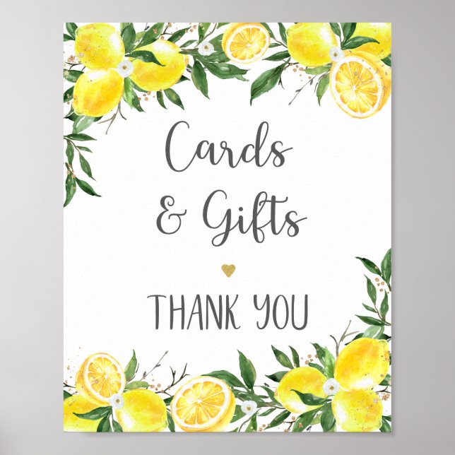 Lemon Greenery Gold Cards & Gifts Bridal Shower Poster (Front)