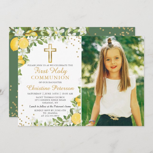 Lemon Greenery Gold Glitter First Communion Photo Invitation (Front/Back)