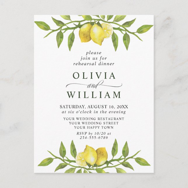 Lemon Greenery REHEARSAL DINNER Invitation Postcard (Front)