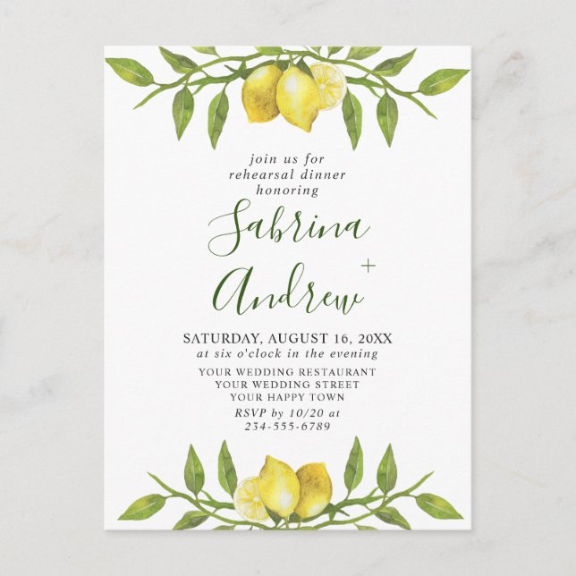Lemon Greenery REHEARSAL DINNER Invitation Postcard (Front)