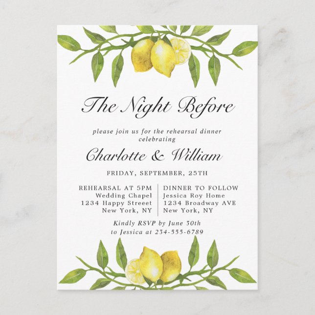 Lemon Greenery REHEARSAL DINNER Invitation Postcard (Front)