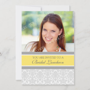 Lemon Grey Damask Photo Bridal Luncheon Invitation