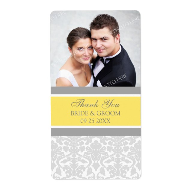 Lemon Grey Damask Photo Wedding Labels (Front)