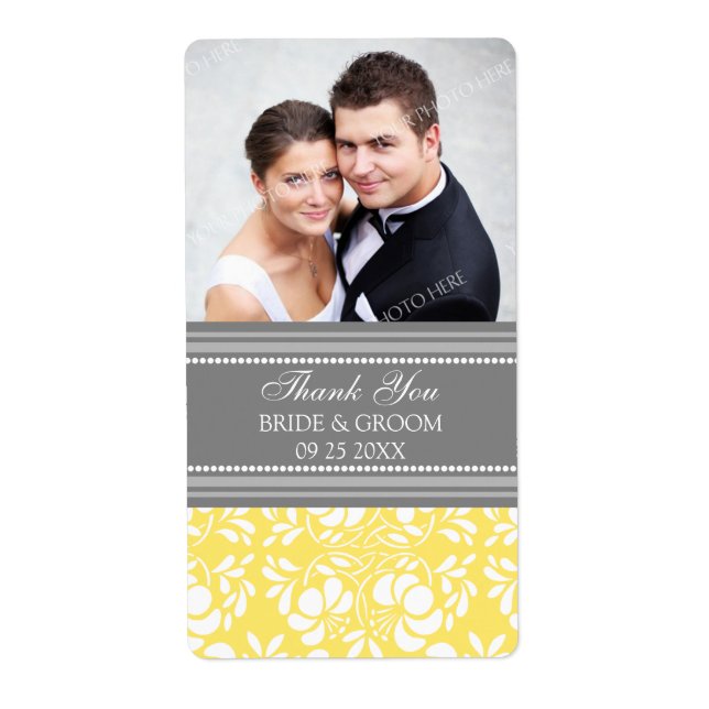 Lemon Grey Damask Photo Wedding Labels (Front)