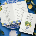 Lemon Grove Italian Countryside Wedding Program Invitation<br><div class="desc">Lemon Grove wedding program with order of ceremony, order of events timeline, wedding party and thank you note. Folded card decorated with a lemon tree, blue and yellow Mediterranean tiles and a branch of lemons with greenery and blossom flowers. Perfect for a lemon wedding theme, Italian inspired wedding, rustic Mediterranean...</div>