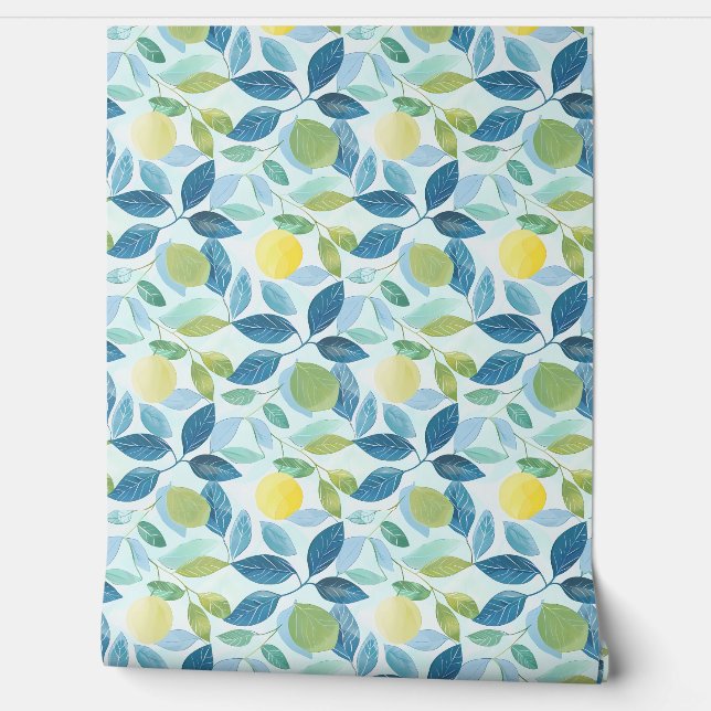 Lemon Grove Petite - Blue, Green, Yellow - Organic Wallpaper (Unrolling)