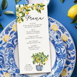 Lemon Grove Rustic Italian Theme Wedding Menu<br><div class="desc">Lemon Grove wedding menu with fully editable menu items. Design features a lemon tree, blue and yellow Mediterranean tiles and a branch of lemons with greenery and blossom flowers. Perfect for a lemon wedding theme, Italian inspired wedding, rustic Mediterranean villa aesthetic, blue and yellow wedding colours or an outdoor wedding...</div>