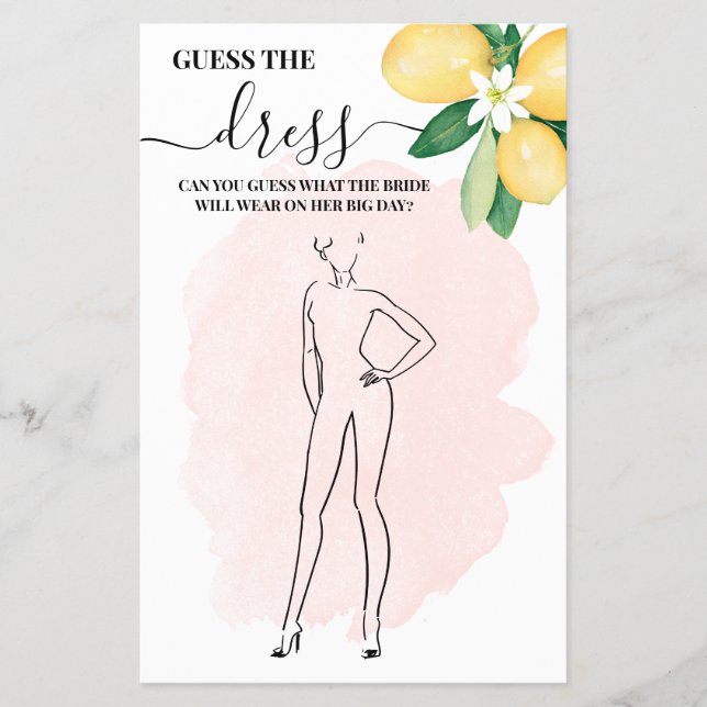 Lemon Guess the Dress Pink Bridal Shower Game Card (Front)