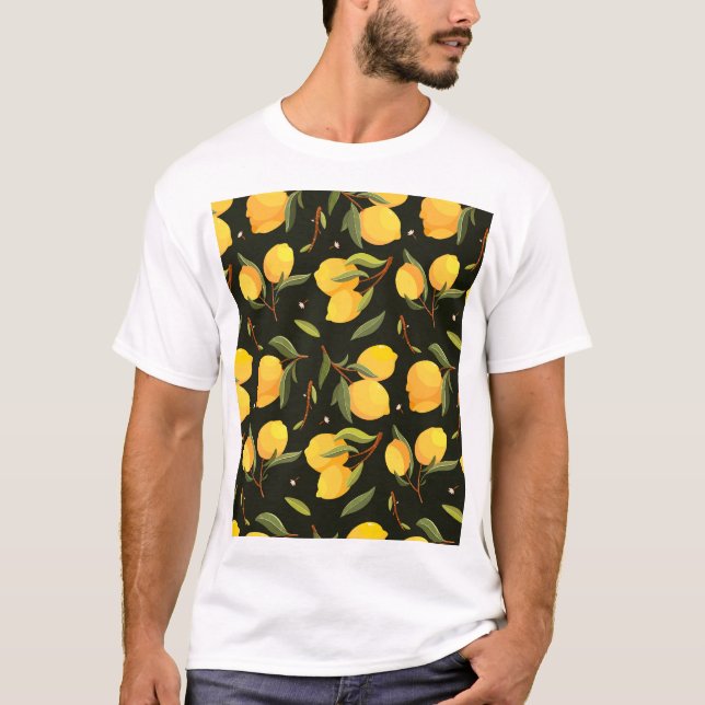 Lemon Illustration: Handpainted Seamless Pattern. T-Shirt (Front)