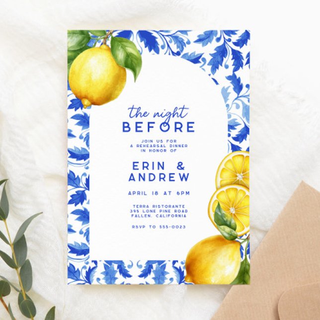 Lemon Italian Amalfi Blue Tile Rehearsal Dinner Invitation (Creator Uploaded)