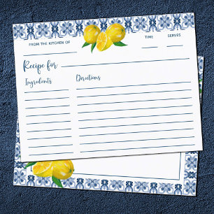 Lemon Italian Blue Tile Bridal Shower Recipe Card
