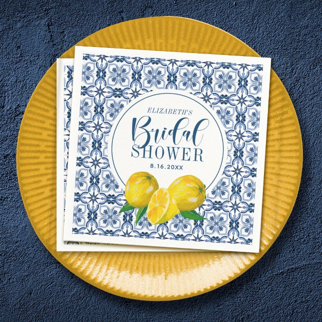Lemon Italian Blue Tile Wedding Bridal Shower Napkin (Lemon Mediterranean Bridal Shower Napkin)