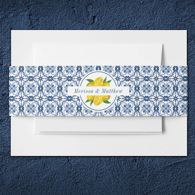 Lemon Italian Blue Tile Wedding Invitation Belly Band (Creator Uploaded)