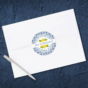 Lemon Italian Blue Tile Wedding Return Address Classic Round Sticker