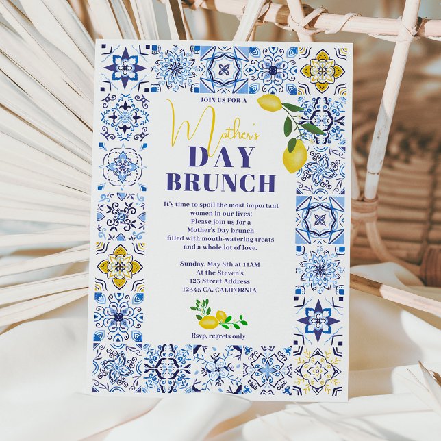 Lemon Italian blue tiles watercolor mother's day Invitation (Creator Uploaded)