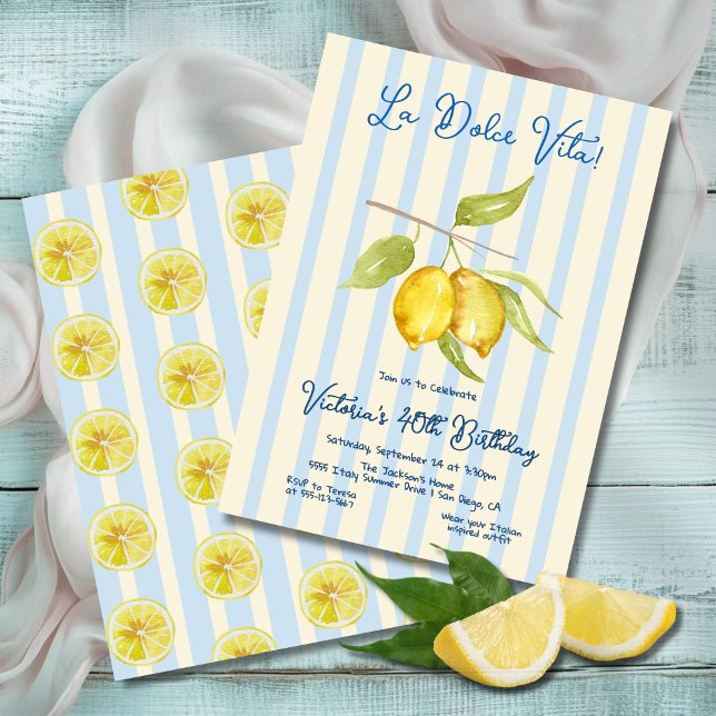 Lemon La Dolce Vita Birthday Striped Invitation (Creator Uploaded)