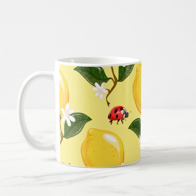 Lemon Ladybug: Tropical Yellow Pattern. Coffee Mug (Left)