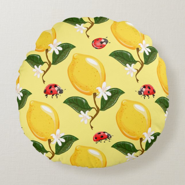Lemon Ladybug: Tropical Yellow Pattern. Round Cushion (Front)