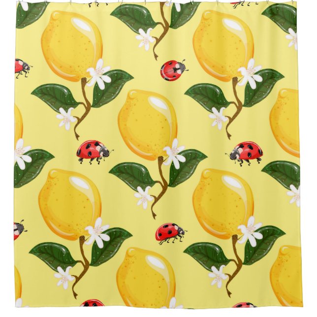 Lemon Ladybug: Tropical Yellow Pattern. Shower Curtain (Front)