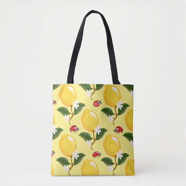 Lemon Ladybug: Tropical Yellow Pattern. Tote Bag (Front)