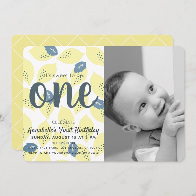 Lemon & Leaf Photo 1st Birthday Party Invitation (Front/Back)