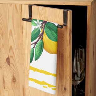 Lemon Leaf Watercolor Lattice Citrus Yellow Tea Towel