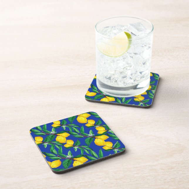 Lemon Leaf Yellow Green Blue Pattern Drink  Coaster (Right Side)