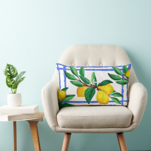 Lemon Leaves Citrus Yellow Green Leaf Blue Lattice Lumbar Cushion