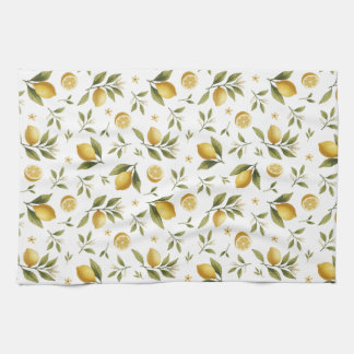Lemon Leaves Flowers Tea Towel