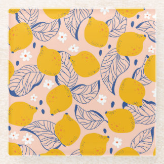 Lemon Leaves: Pink Vintage Seamless. Glass Coaster