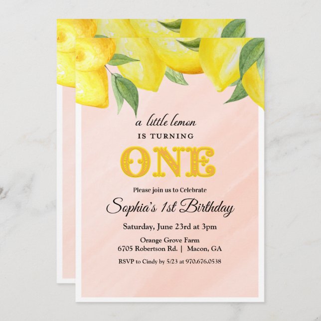 Lemon Lemonade First 1st Birthday Invitation (Front/Back)