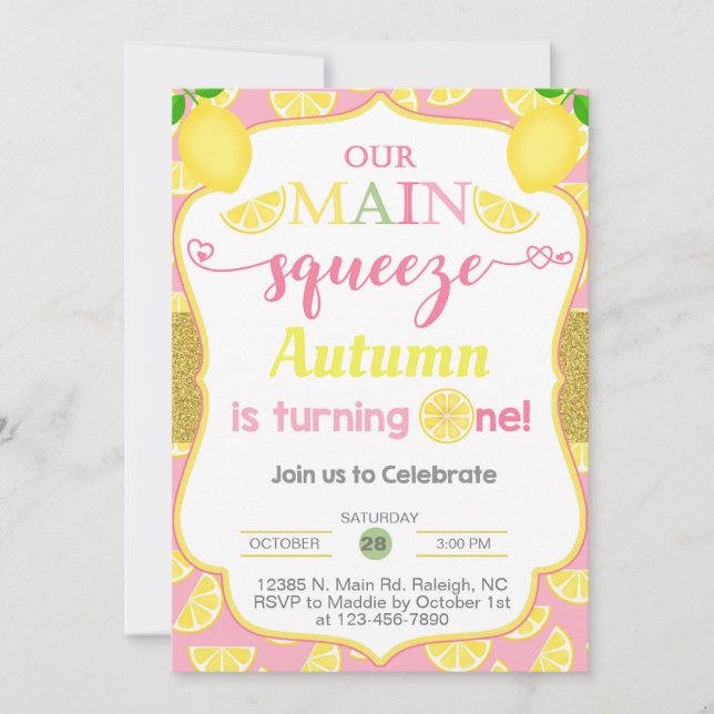 Lemon, lemons girl 1st first birthday invitation.  invitation (Front)