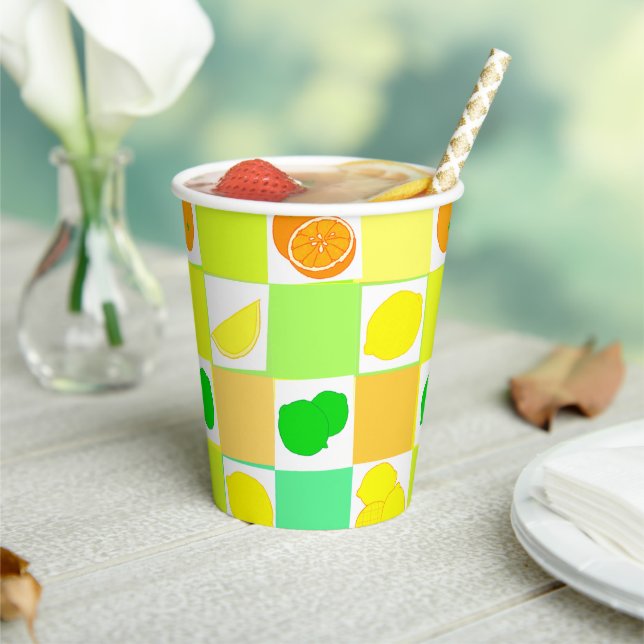 Lemon, Lime and Oranges Colourful Citrus Pattern Paper Cups (Insitu)