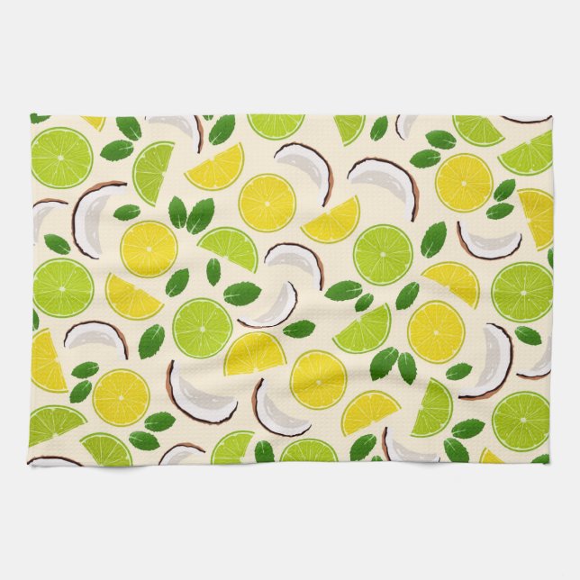 Lemon lime coconut and mint happy cheerful pattern tea towel (Horizontal)