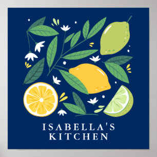 Lemon Lime Fruit Design Blue Personalised Kitchen Poster