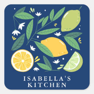 Lemon Lime Fruit Design Blue Personalised Kitchen Square Sticker
