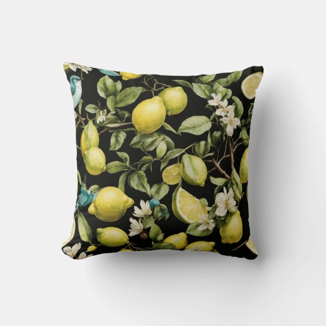 Lemon Lime Noir: Citrus Pattern on Dark Black Back Cushion (Front)